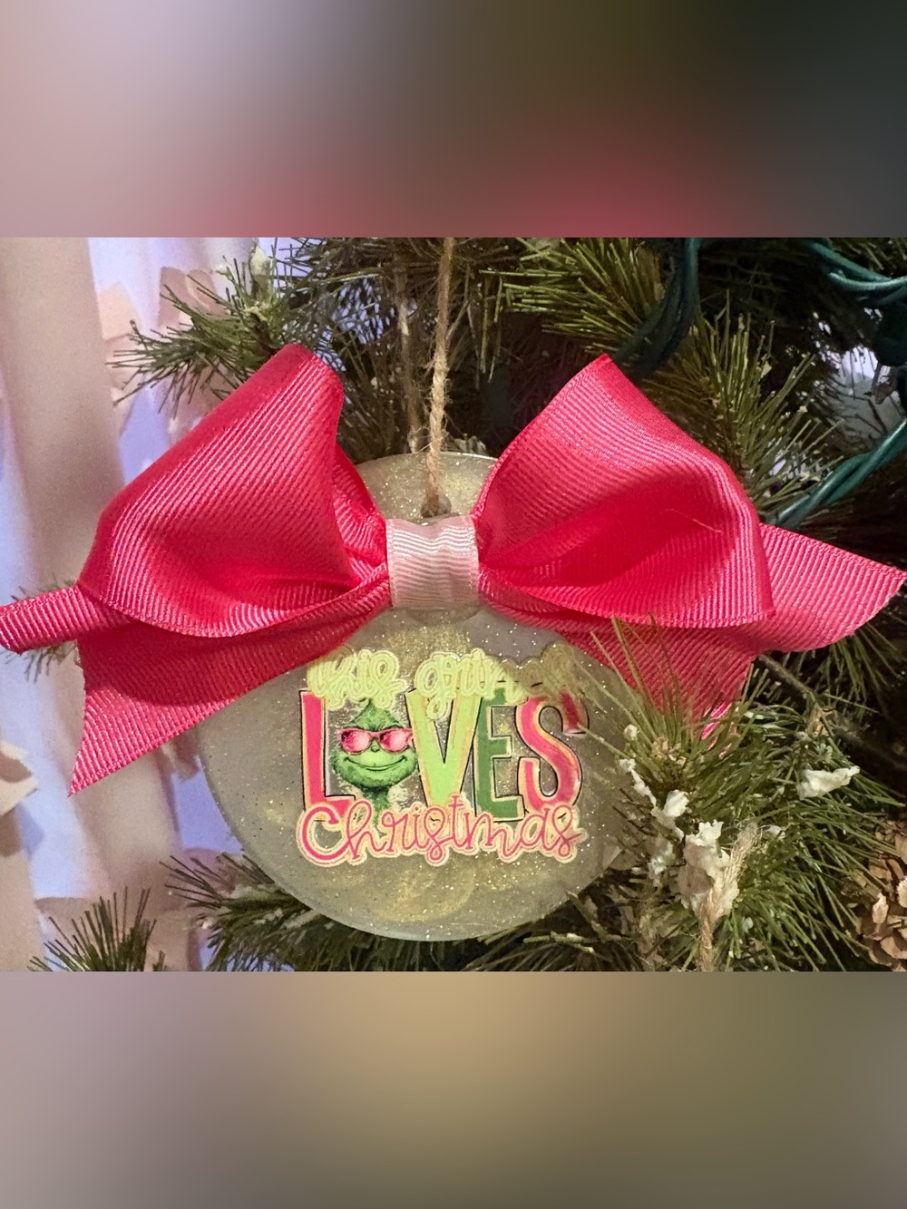 Holiday 'This Grinch Loves Christmas' Pink Bow Tree Ornament